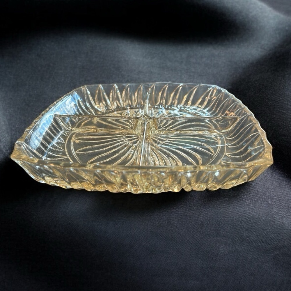 Vintage‎ Cut Glass Relish Dish - 8.25" Square, 4 Compartments, 1970s Era